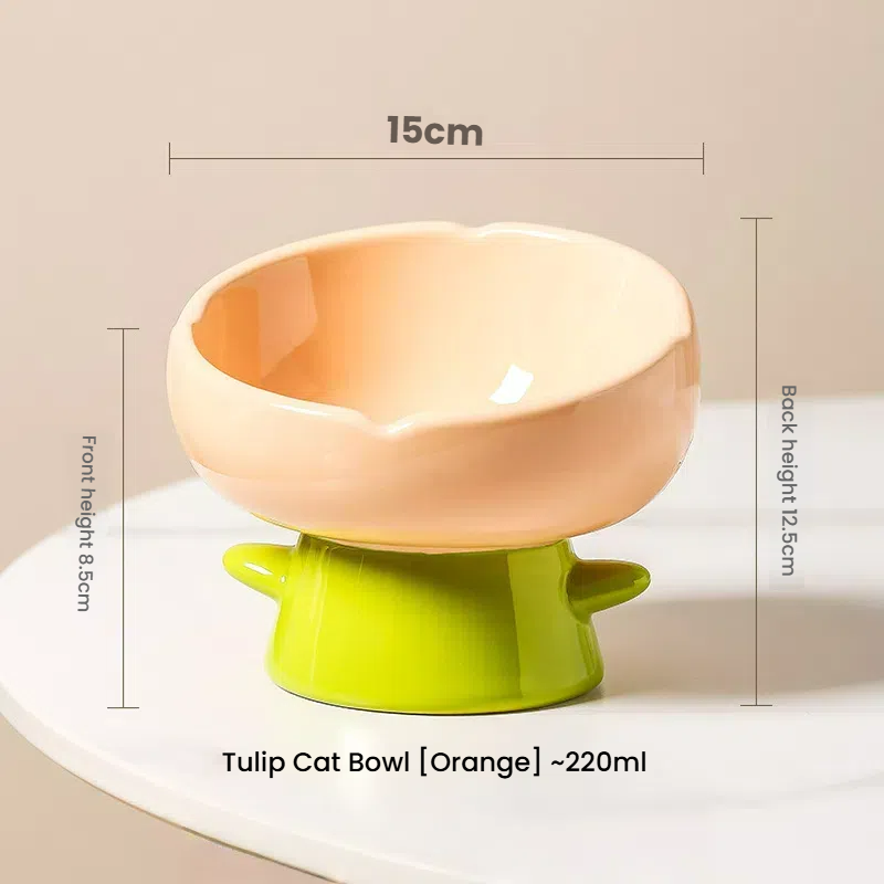 Ceramic Cat Bowl Raised Wide Opening Tulip Design Food Water Dish