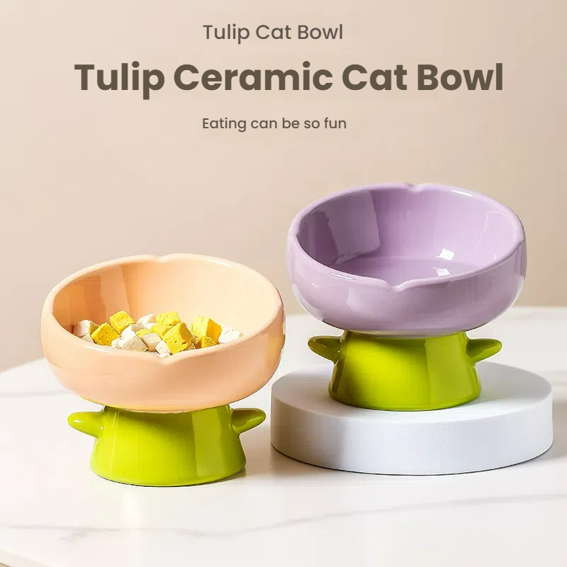 Ceramic Cat Bowl Raised Wide Opening Tulip Design Food Water Dish