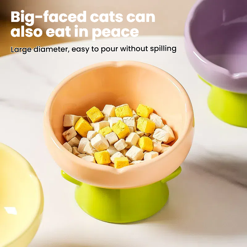 Ceramic Cat Bowl Raised Wide Opening Tulip Design Food Water Dish
