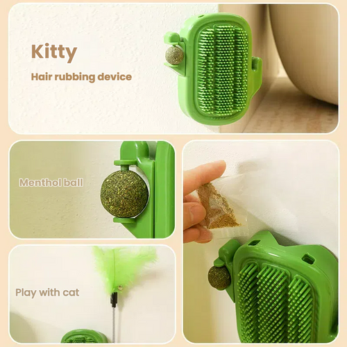 360 Degree Cat Self Groomer with Catnip Slot and Teaser Wand Mount