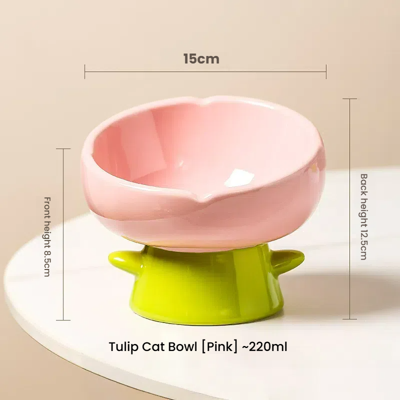 Ceramic Cat Bowl Raised Wide Opening Tulip Design Food Water Dish