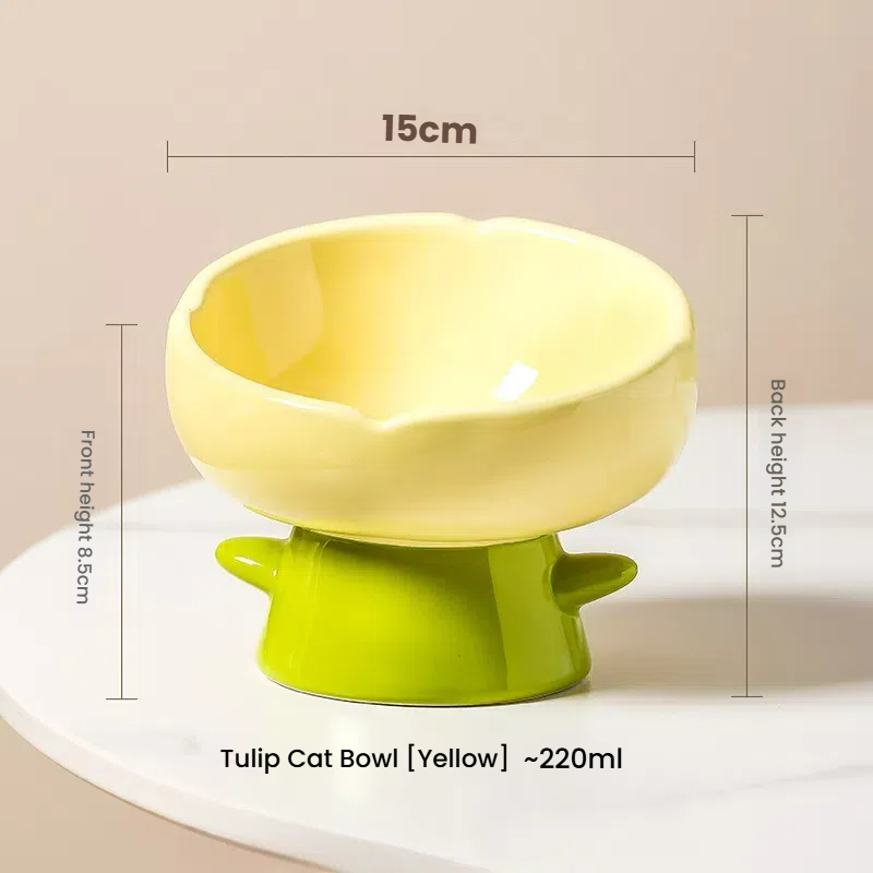 Ceramic Cat Bowl Raised Wide Opening Tulip Design Food Water Dish