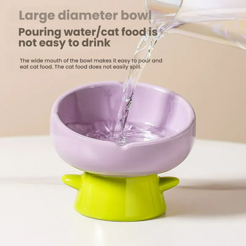 Ceramic Cat Bowl Raised Wide Opening Tulip Design Food Water Dish