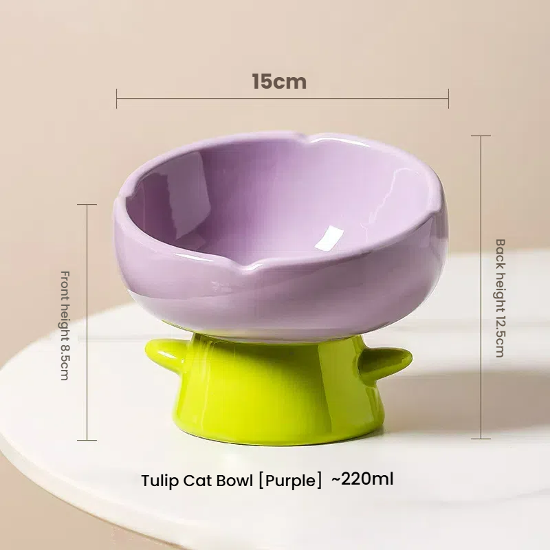 Ceramic Cat Bowl Raised Wide Opening Tulip Design Food Water Dish